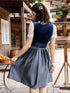 Damen Trachten-Set in Blau-Grau – Samt-Jacquardrock mit Schürze und Spitzenbluse, 3-teilig